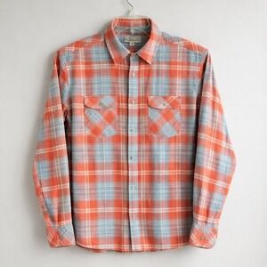 Overland Plaid Button Up Shirt Mens M Orange Blue Western Workwear Flannel Snap
